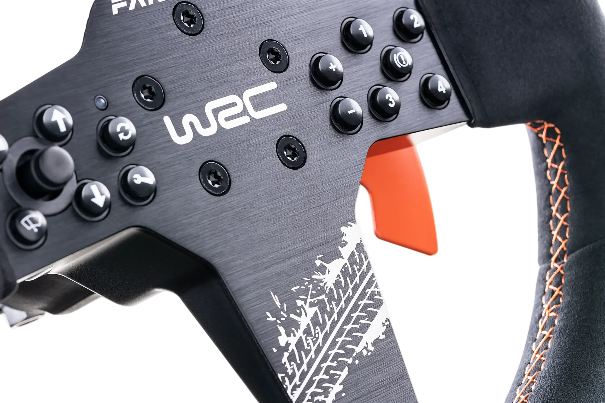 Close-up of the aluminium spoke, WRC logo, tyre-tread graphic and orange Alcantara stitching
